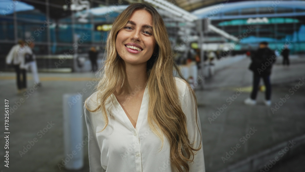 Fototapeta premium Young blonde woman smiles and touches hair near right ear in retail shop entrance; youthful confidence warmth.