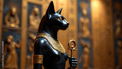 Black cat statue holding ankh symbol. Ancient Egyptian goddess Bastet sculpture, detailed ornate collar and armbands. Background shows golden statues in temple interior.