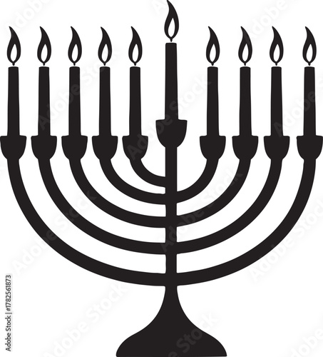 Black silhouette of a nine-branched menorah with burning candles on a white background hanukkah nine branches
