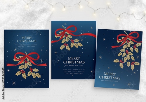 Christmas Poster / Flyer Template in Blue & Gold with Classic Holly Leaves Vector Illustrations