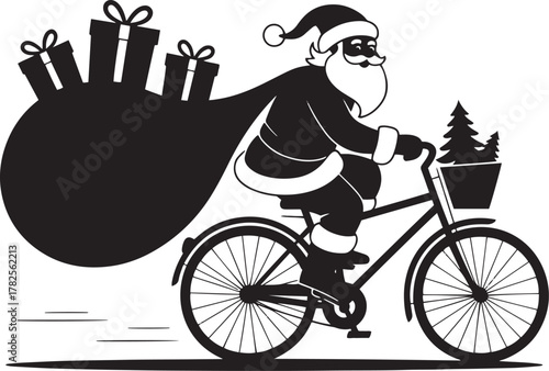 Black silhouette of Santa Claus riding a bicycle with a large sack of gifts and Christmas trees in the basket