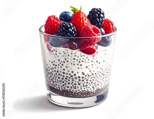 Delicious chia seed pudding with berries in glass isolated on white background