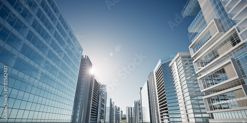 3D rendering of office building in city with sunlight shining on structure. Sky space suitable as background for company, corporate cooperation, urban development, and investment themes.