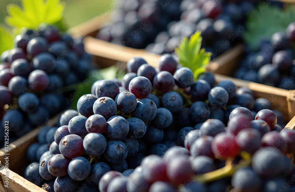 Obraz premium Fresh dark grapes are packed in wooden crates. Ripe berries ready for harvest and transport. Natural fruits for wine making or fresh eating.