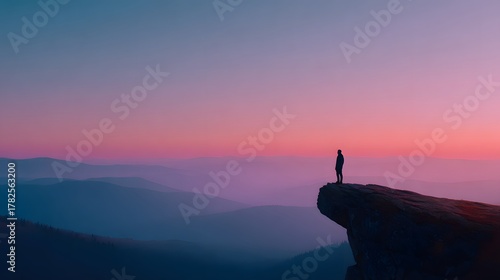 Solitary figure stands atop a rocky precipice overlooking layered mountain ranges during twilight