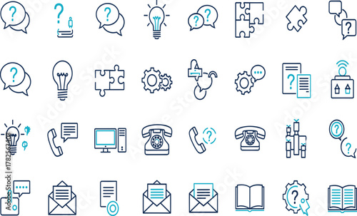 A comprehensive set of thin line icons for communication, customer service, and technical support, illustrating concepts from questions to solutions