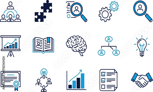 A versatile set of line icons representing business management, professional development, and strategic planning concepts