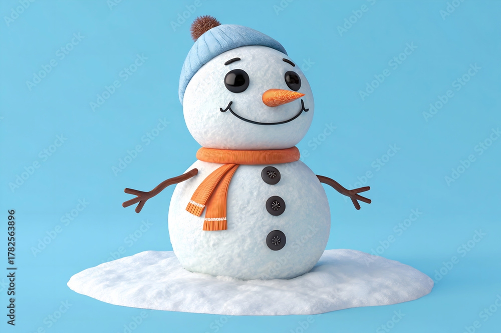 Obraz premium Cute cartoon snowman on blue background, 3d render.