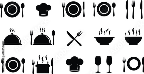 Dining icons set, chef hat, plate, fork, knife, spoon, steaming dish, wine glass, silhouette style, vector illustration