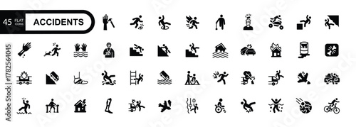 Accidents flat icon set. Falls, blows, car accidents, work injury, etc. Vector illustration.	
