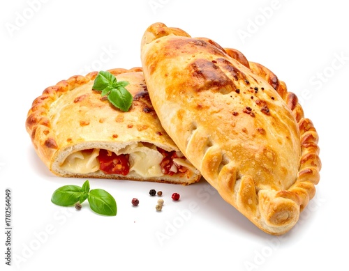 Delicious baked calzone with basil isolated on white background