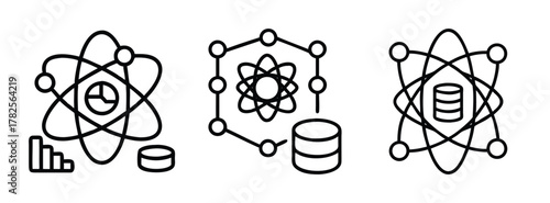 Data science and machine learning models with atom structures and database connections icons
