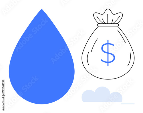 Blue water drop and bag with dollar sign next to cloud element. Ideal for sustainability, water management, eco-finance, environmental awareness, resource optimization, savings, simple flat metaphor