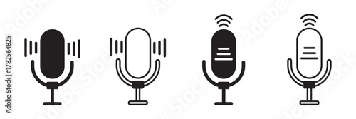Microphone Icons Set – Editable Stroke Voice and Audio Symbols. Vector