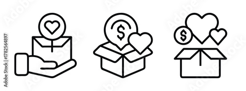 Donation charity fundraising love money box hand giving donate help support outline vector icon