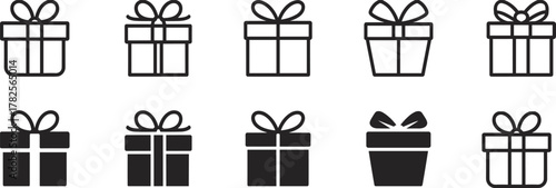 Gift box icon set with ribbon and bow, holiday present, celebration, surprise, birthday, Christmas, festive decoration symbols