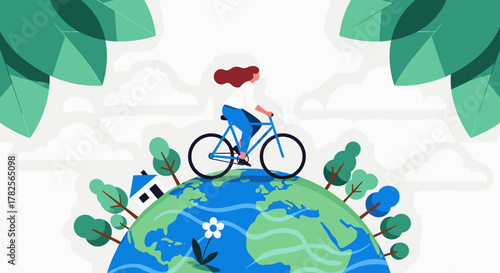 Woman riding a bicycle on top of the earth, symbolizing environmentalism and sustainable transport