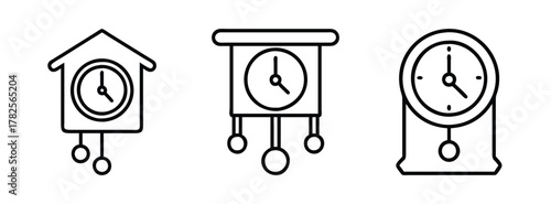 Antique clock vector illustration featuring cuckoo clock and grandfather clock outline drawing design