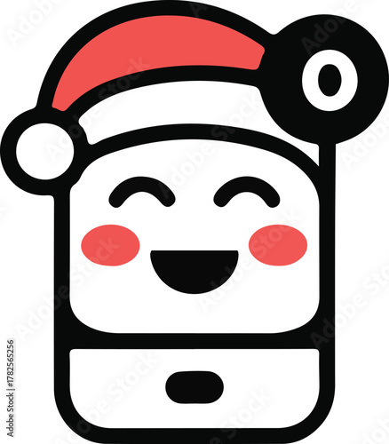 Cute cartoon smartphone wearing a red Santa hat with rosy cheeks and a happy smile, ideal for Christmas apps, holiday notifications and festive digital campaigns.