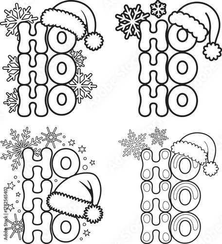 Ho Ho Ho Christmas Lettering with Santa Hat and Snowflakes Black and White Vector Design