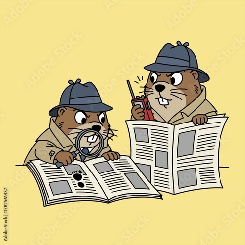 Two cartoon detective groundhogs investigating clues with magnifying glass and walkie-talkie.