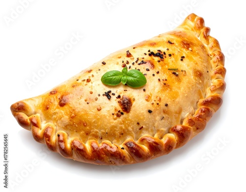 Delicious baked calzone isolated on white background, garnished with basil leaf