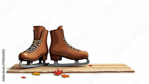 Brown ice skates on wooden plank with autumn leaves, minimal white background. Concept of seasonal transition and nostalgia