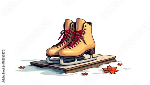 Classic tan ice skates with red laces on porch board with red maple leaves. Concept of nostalgic autumn preparation for winter
