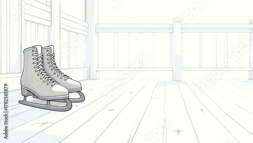 White ice skates on wooden porch with pale winter light, minimal composition. Concept of purity and elegance in cold season