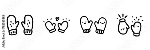 Mittens Line Icon Set In Doodle Style. Winter Warmth, Friendship, And Playful Interaction Outline Sketch Collection. Cozy Seasonal Accessories. Hand Drawn Isolated Vector Illustration