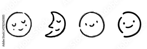 Sleeping And Smiling Faces With Moon Line Icon Set In Doodle Style. Emotions And Nighttime Relaxation Outline Sketch Collection. Hand Drawn Isolated Vector Illustration