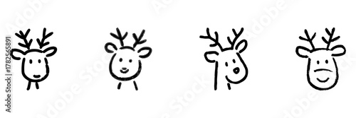Cute Reindeer Faces Line Icon Set In Doodle Style. Christmas, Holiday, And Winter Festivity Outline Sketch Collection. Hand Drawn Isolated Vector Illustration
