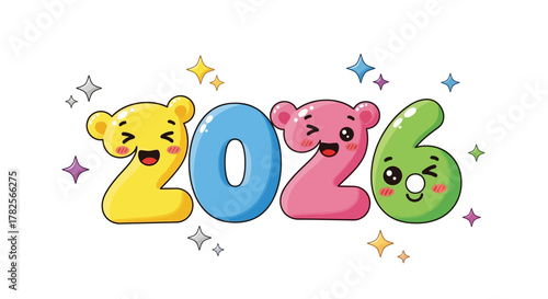 Cute cartoon numbers 2026 with happy faces and stars