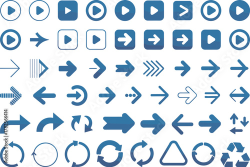 Collection of blue arrow icons, play buttons, and reload symbols, vector design set for user interface, web navigation, direction graphics