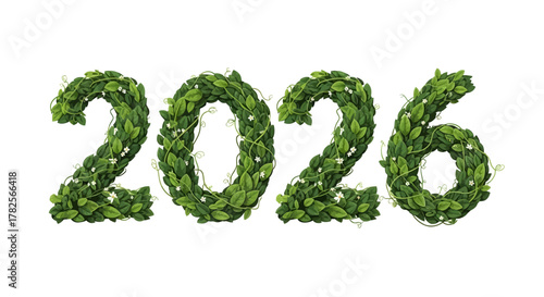 The year 2026 creatively formed from lush green leaves and vines, suggesting nature and growth