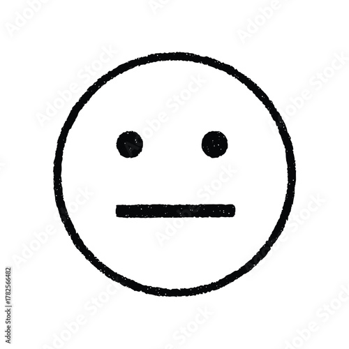 A black and white, hand-drawn emoji with two dots for eyes and a straight line for a mouth, conveying a neutral expression.