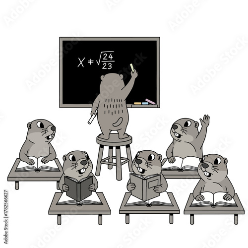 Groundhog teacher teaching math to students in a classroom setting.