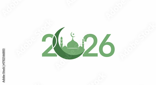 Green mosque and crescent moon with the year 2026
