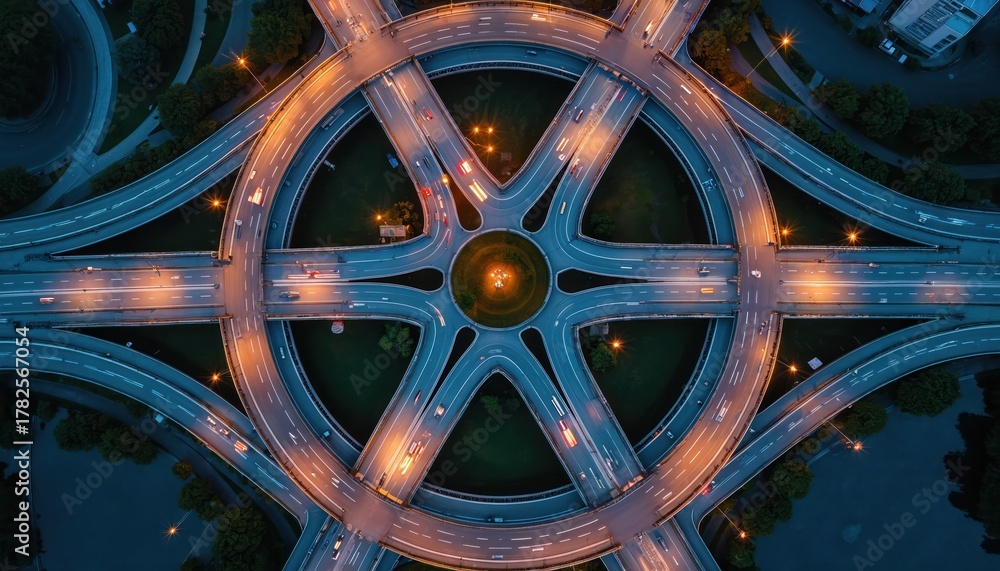 Obraz premium Aerial view of a complex highway interchange at night. Cars create light trails on curved roads under artificial illumination. This busy urban transport hub connects city districts.