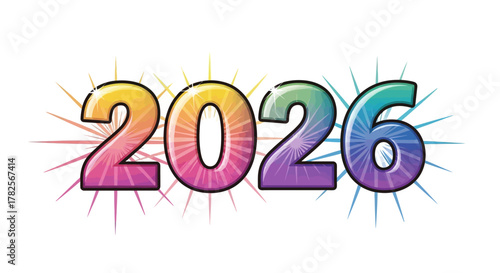 The year 2026 in vibrant, rainbow gradient with radiating light effects