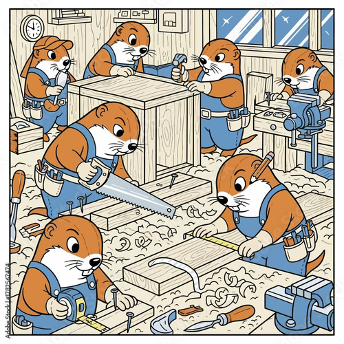 A group of industrious otters working together in a bustling woodworking shop.
