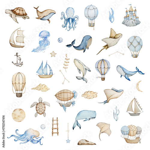 Photography Set of watercolor underwater animals, dreamy design for banners, invitations and cards