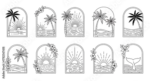 Tropical Sunset Line Art Designs: Palm Trees, Ocean Waves, and Floral Accents in Arch Frames
