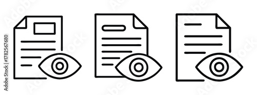 Document view icon set vector illustration, files with eye symbol for preview and visibility