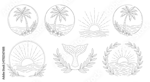 Minimalist Coastal Icons: Palm Trees, Sunsets, and Whale Tail in Laurel Wreath