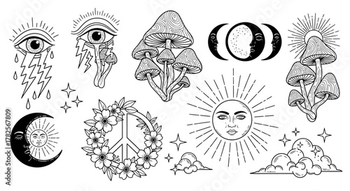 Mystical Celestial and Botanical Line Art Collection with Eyes, Mushrooms, and Floral Peace Sign