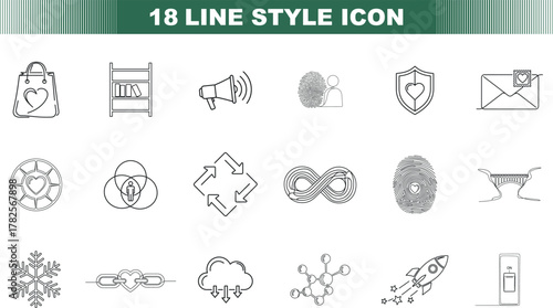 Collection of 18 minimalist line art icons for various concepts