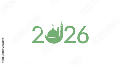 The year 2026 with stylized green mosque silhouette integrated into the number
