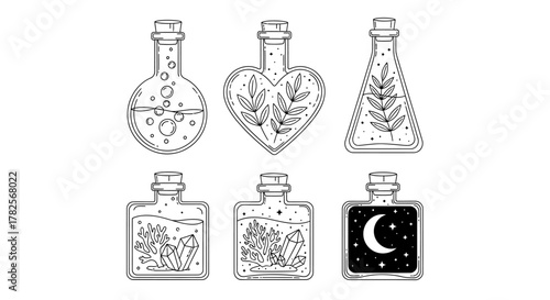 Mystical Potion Bottles: Botanical Elixirs, Crystals, and Celestial Night