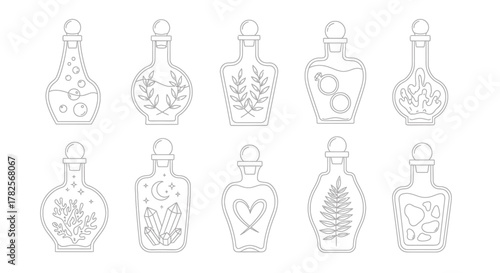 Collection of ten outlined bottles filled with various symbolic elements
